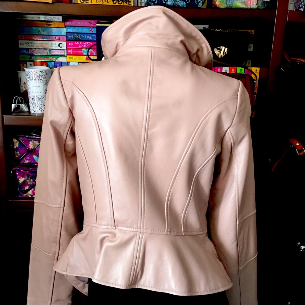 NWOT GILI Blush Pink Genuine Leather Moto Jacket Peplum Tailored
